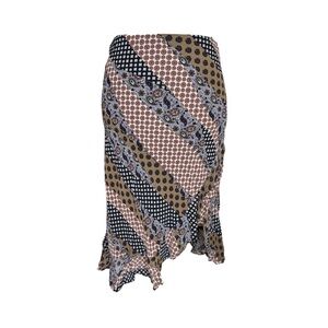 Y2K Ceduxion Brown + Navy Geometric Pattern Ruffle Midi Slit Skirt Size Medium